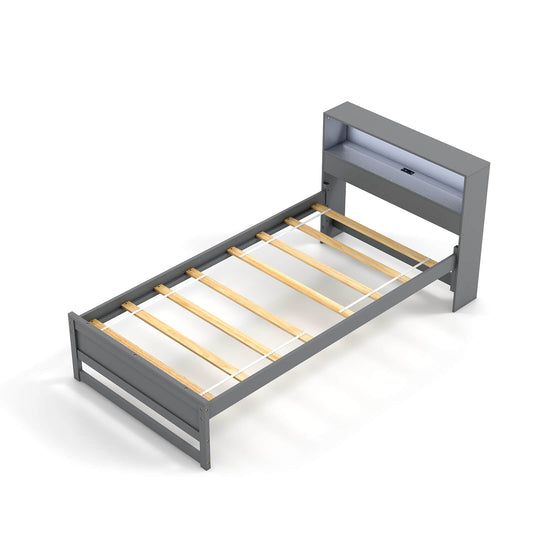 Infans Twin Size Wooden Bed Frame w/ Charging Station & LED Light Storage HeadboardGray