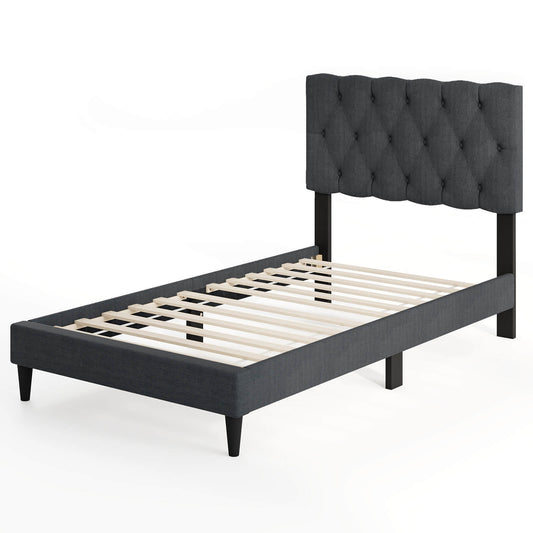 Infans Twin Size Bed Frame with Button-Tufted Headboard & Wooden Slats Easy Assembly