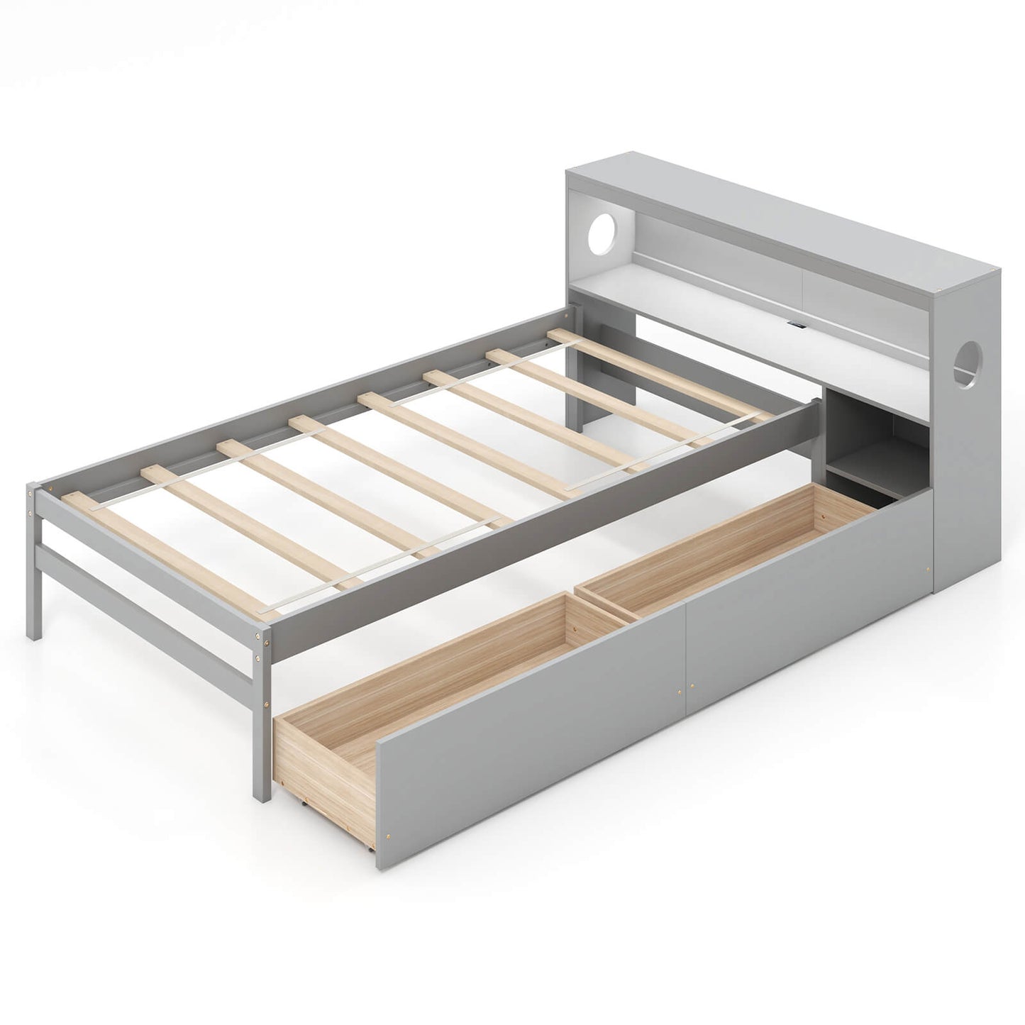 Infans Twin Size Bed Frame with LED Light & Power Outlet Bookcase Headboard DrawersGrey