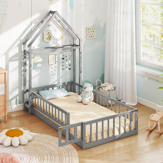 Infans Twin Size House Floor Bed with House-shaped Headboard Clothes Hanger without SlatsGray