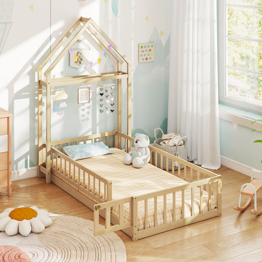 Infans Twin Size House Floor Bed with House-shaped Headboard Clothes Hanger without SlatsNatural