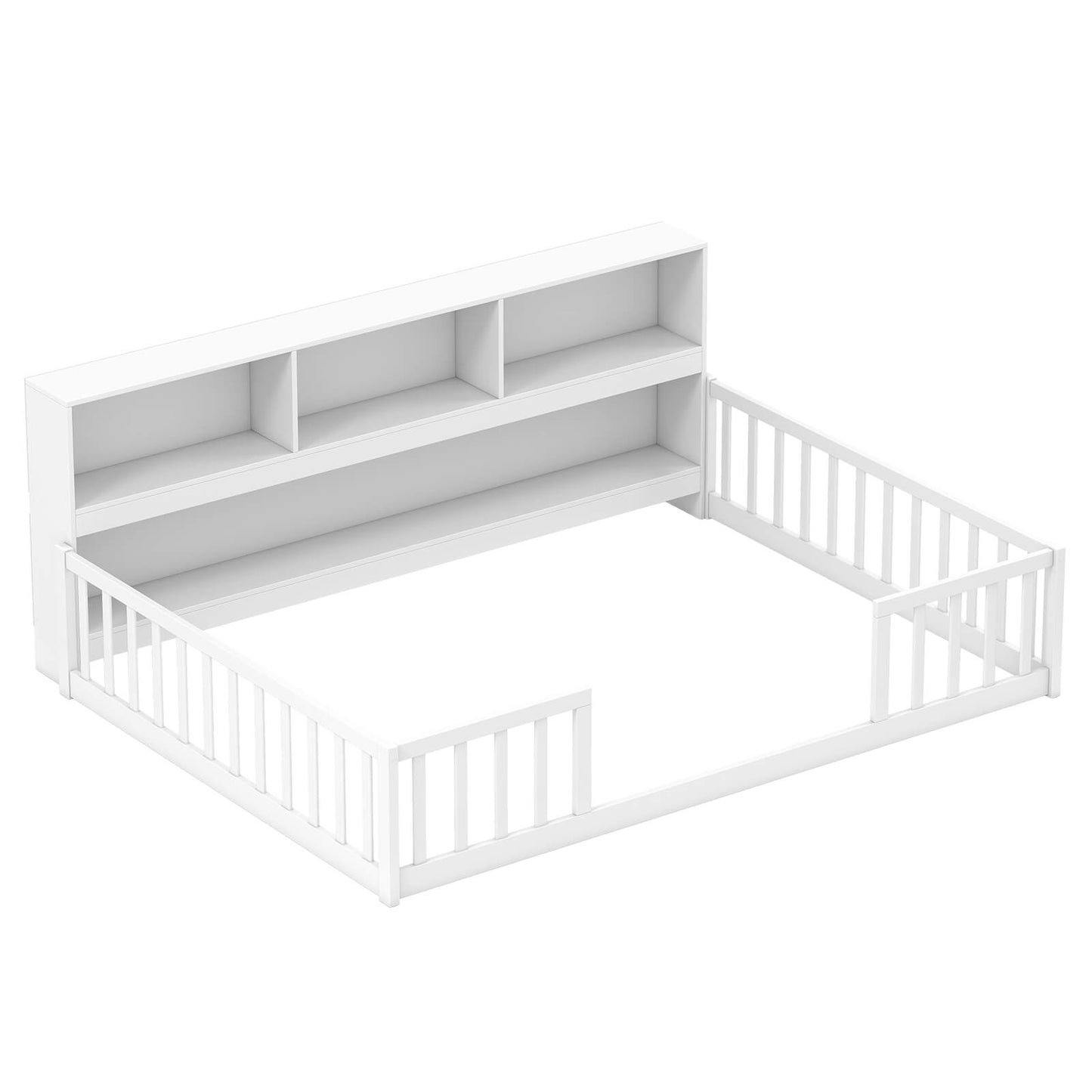 Infans Full Size Montessori Floor Bed withBookcase Storage Shelves and Safety Fence RailsWhite