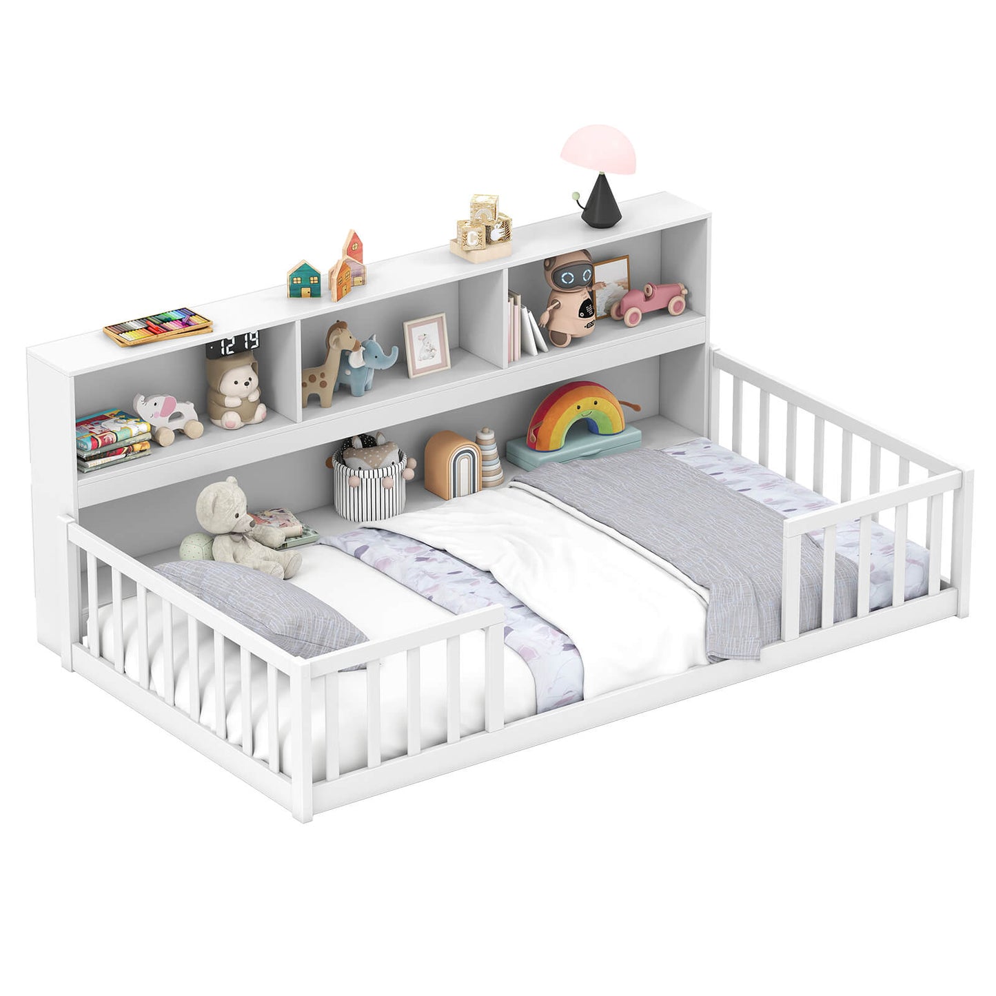 Infans Twin Size Montessori Floor Bed w/ Bookcase Storage Shelves & Safety Fence Rails