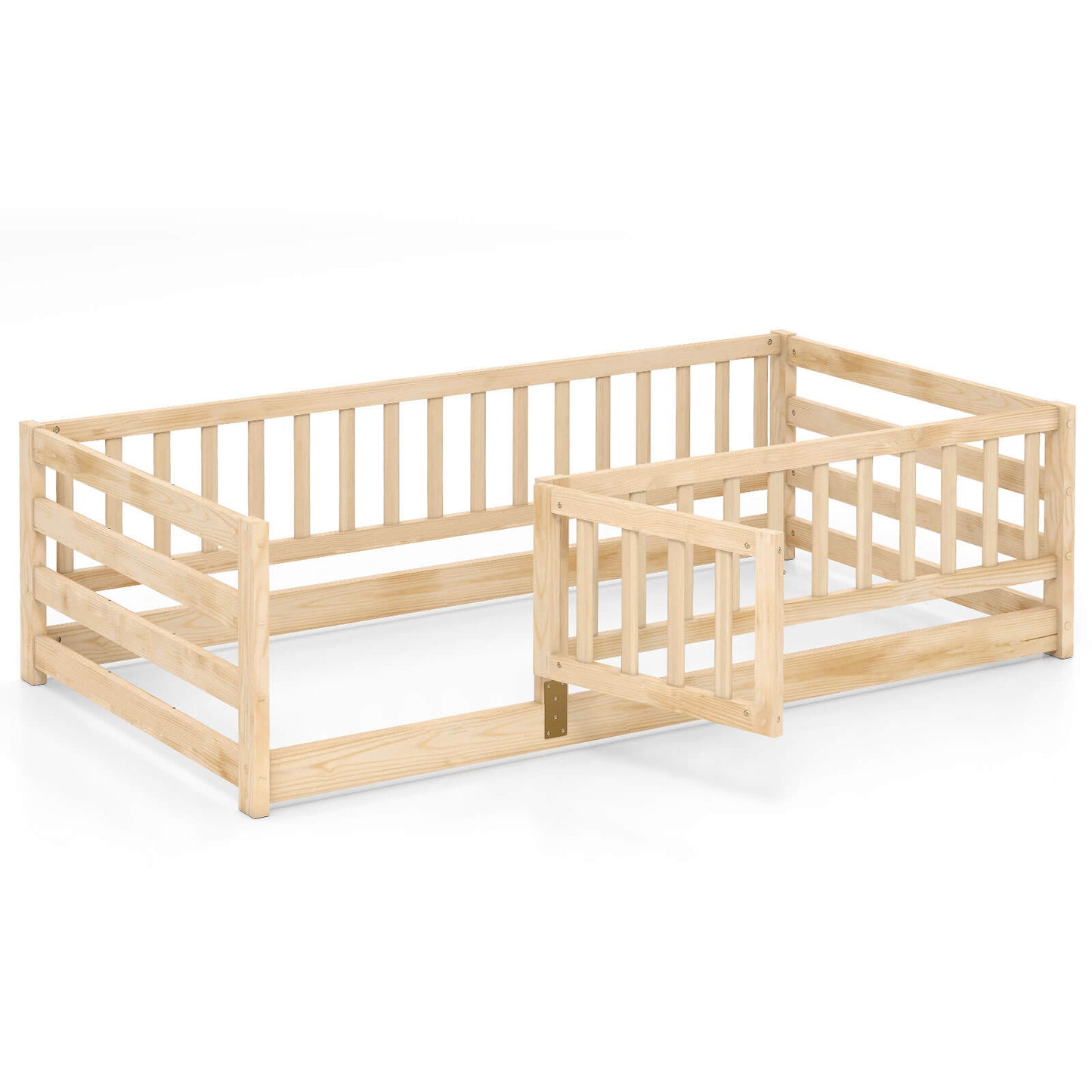 Infans Twin Size Floor Bed with High Fence and Door Safety Guardrails Wood Floor Bed FrameNatural