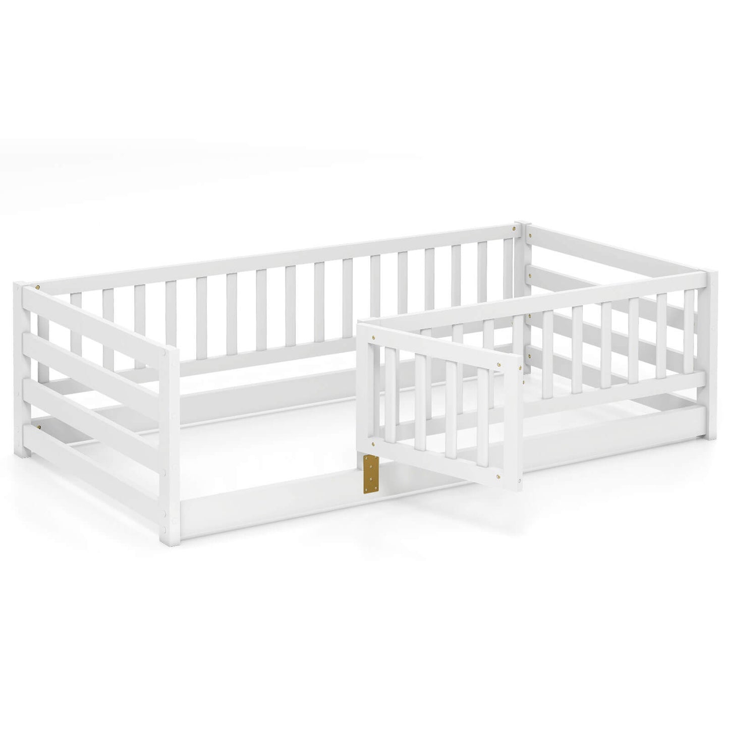 Infans Twin Size Floor Bed with High Fence and Door Safety Guardrails Wood Floor Bed FrameWhite