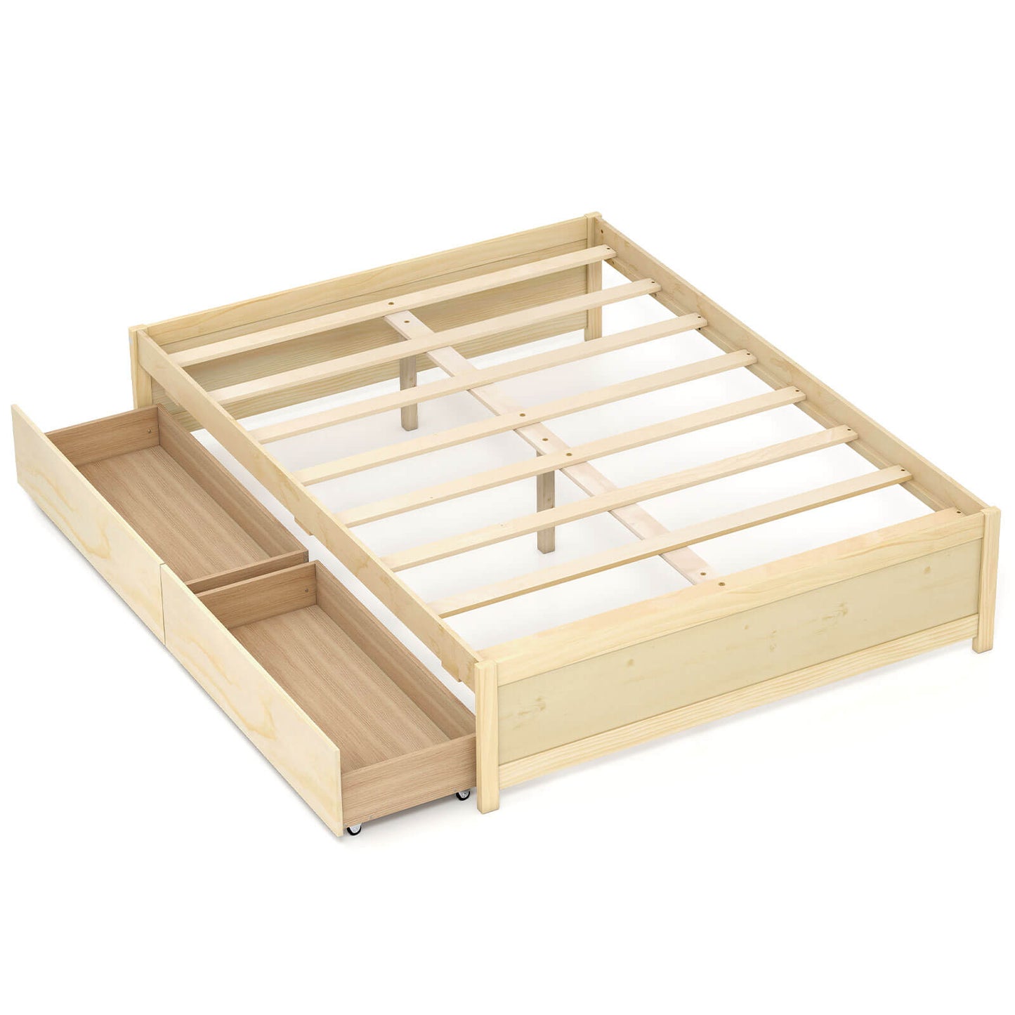 Infans Full Size Wooden Platform Bed with 2 Rolling Storage Drawers Wood Slat SupportNatural