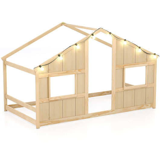 Infans Twin Size House Floor Bed with LED Lights Solid Wood Bed Frame without SlatsNatural