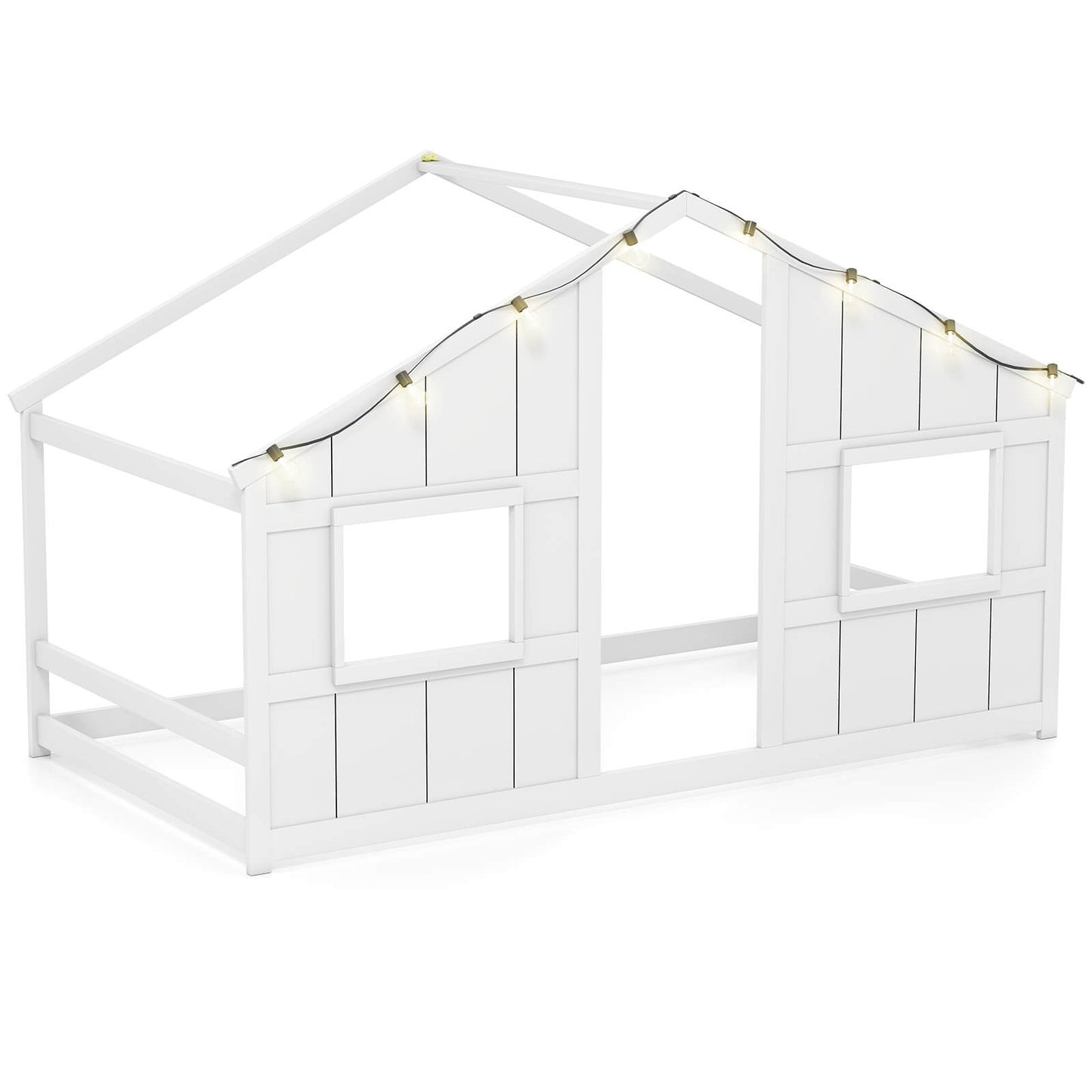Infans Twin Size House Floor Bed with LED Lights Solid Wood Bed Frame without SlatsWhite