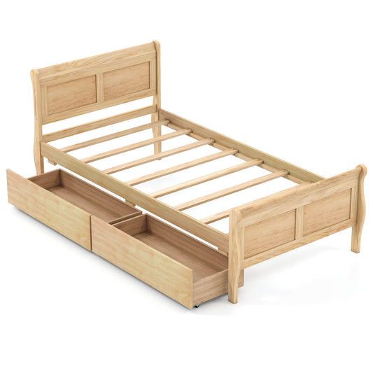 Infans Twin Size Bed Frame with 2 Storage Drawers Wood Platform Bed with HeadboardNatural