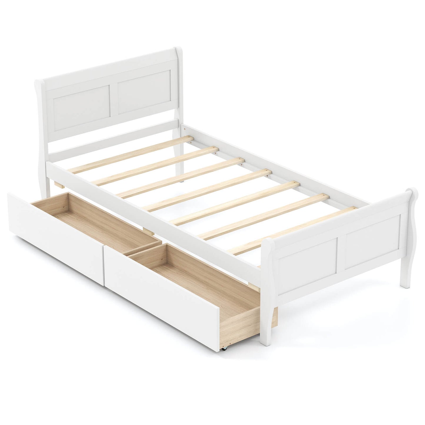 Infans Twin Size Bed Frame with 2 Storage Drawers Wood Platform Bed with HeadboardWhite