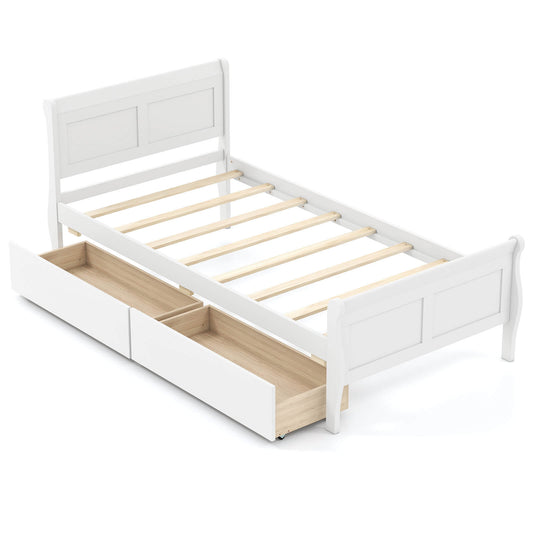 Infans Twin Size Bed Frame with 2 Storage Drawers Wood Platform Bed with HeadboardWhite