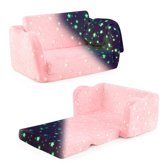 Infans 2-in-1 Kids Couch Folding Toddler Chair with Blanket Gift for 3+ Kids RainbowPink