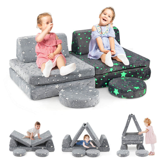 Infans Glow in the Dark Modular Kids Play Couch Set w/ Machine-washable Flannel CoversGray
