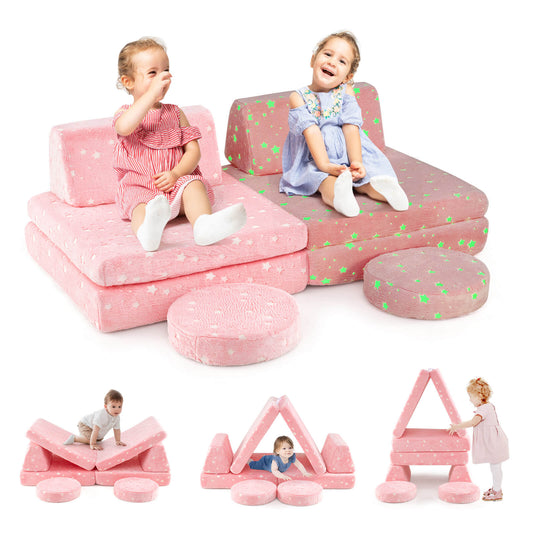 Infans Glow in the Dark Modular Kids Play Couch Set w/ Machine-washable Flannel CoversPink