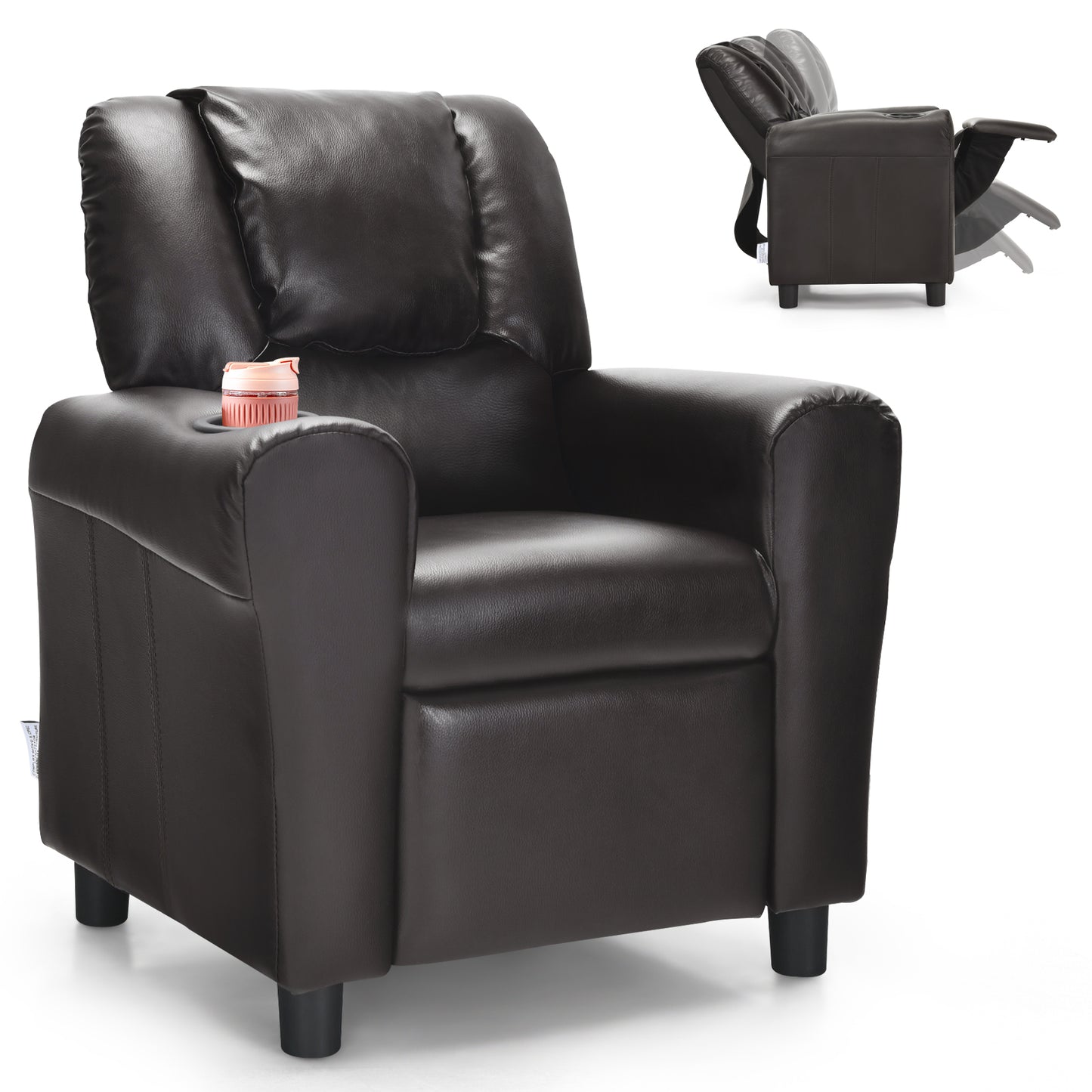 Infans Kids Recliner Chair PU Leather Armrest Sofa w/Footrest Cup Holder BeigeBrown