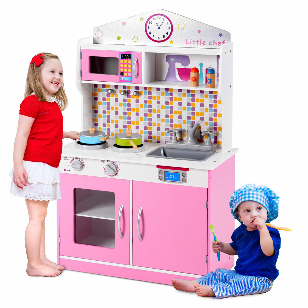 Infans Kids Wood Pretend Cooking Playset Kitchen Toys Cookware Play Set Toddler