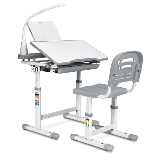 Infans Height Adjustable Kids Desk Chair Set Study Drawing w/Lamp & Bookstand Gray
