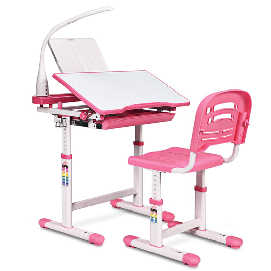 Infans Height Adjustable Kids Desk Chair Set Study Drawing w/Lamp & Bookstand Pink