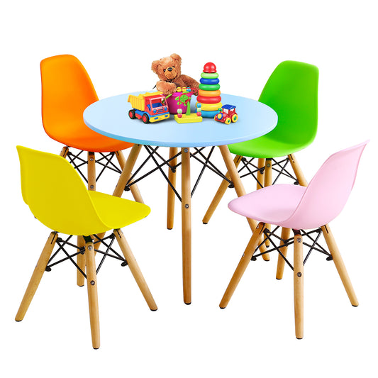 Infans 5 Piece Kids Mid-Century Modern Color Round Table Chair Set w/ 4 Armless Chairs
