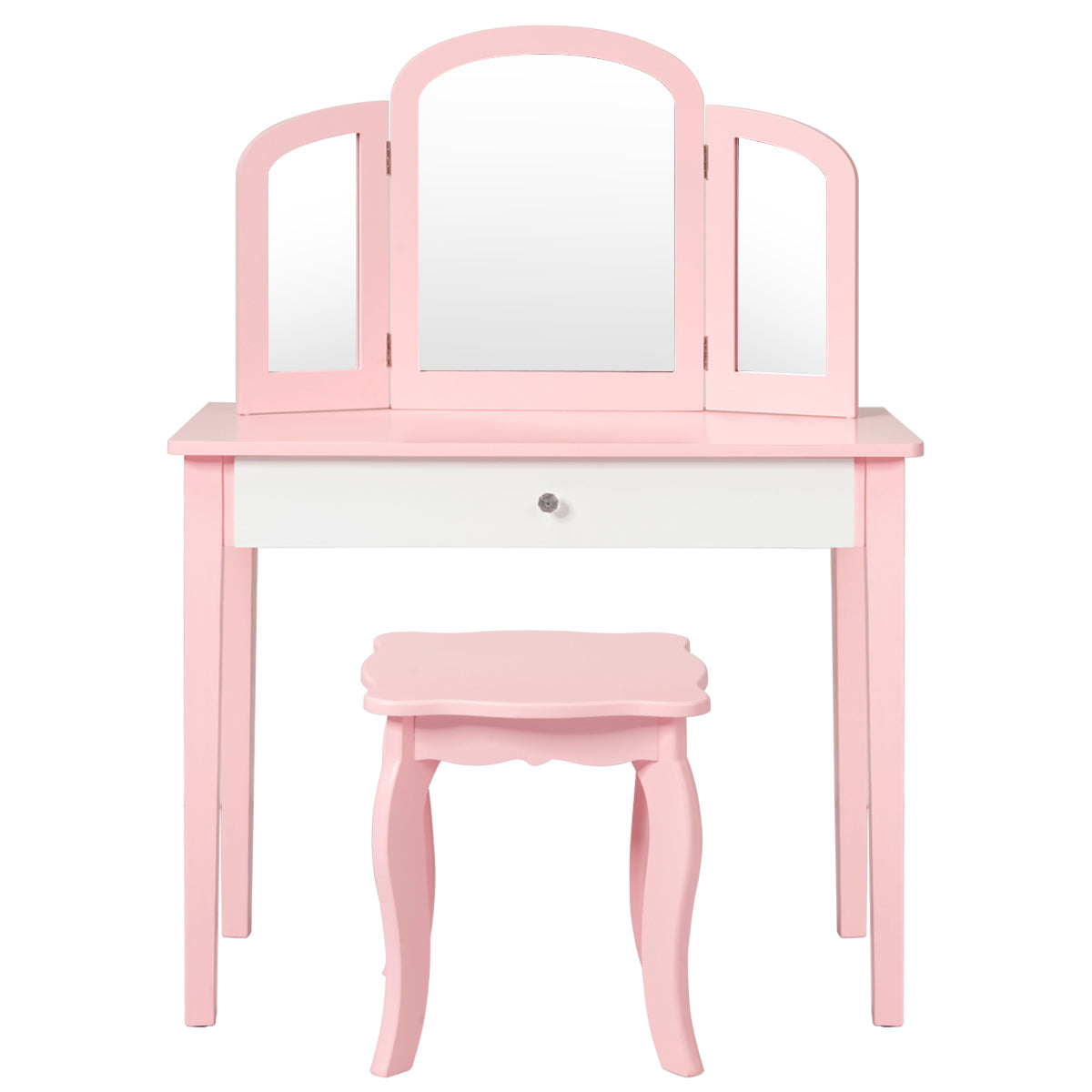Infans Kids Vanity Princess Make Up Dressing Table W/ Tri-folding Mirror & Chair Pink
