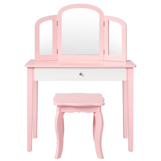 Infans Kids Vanity Princess Make Up Dressing Table W/ Tri-folding Mirror & Chair Pink