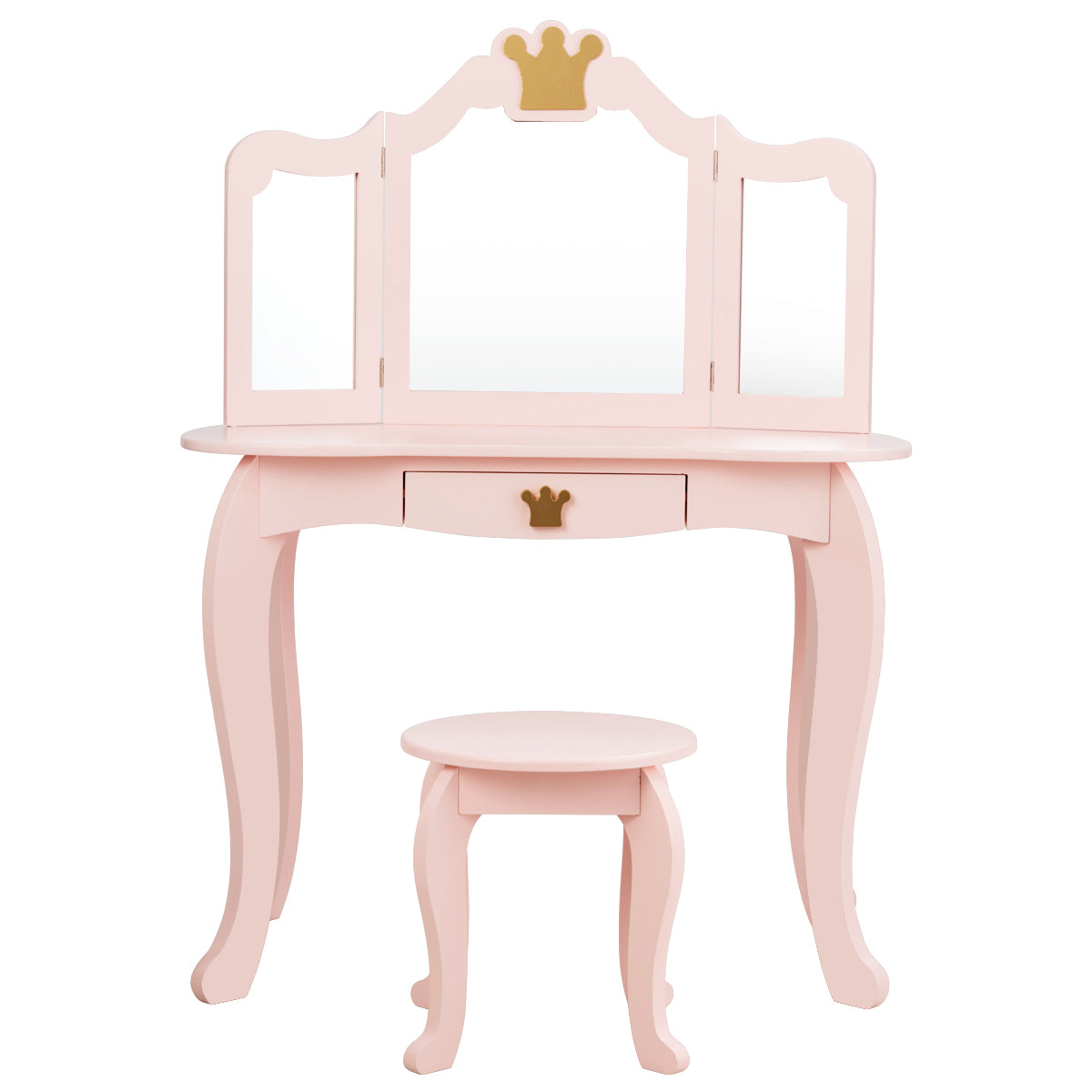 Infans Kids Makeup Dressing Table Chair Set Princess Vanity & Tri-folding Mirror Pink