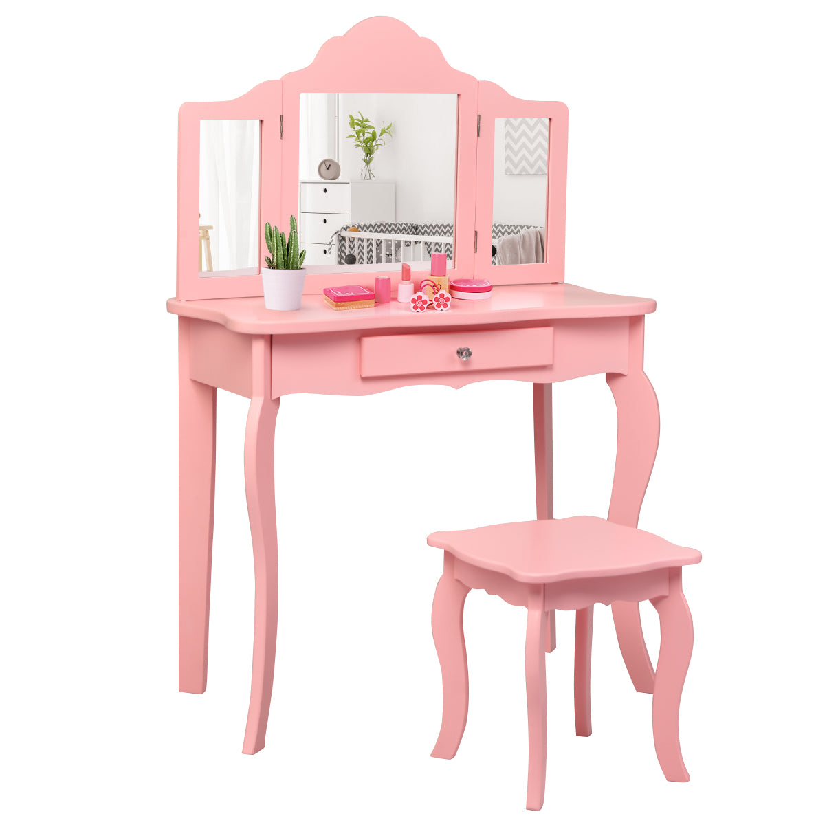 Infans Kids Vanity Table & Stool Princess Dressing Make Up Play Set for Girls Pink