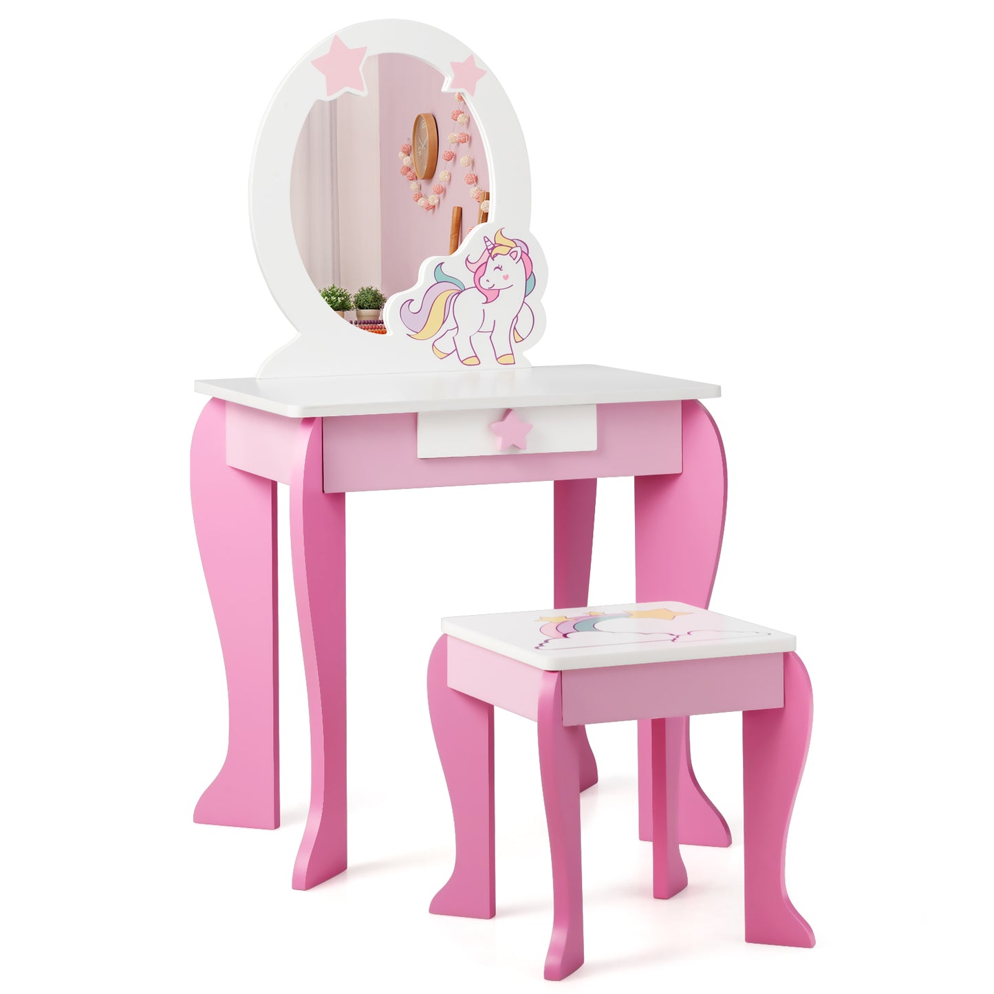 Infans Kids Vanity Makeup Dressing Table Chair Set Wooden with Mirror Drawer
