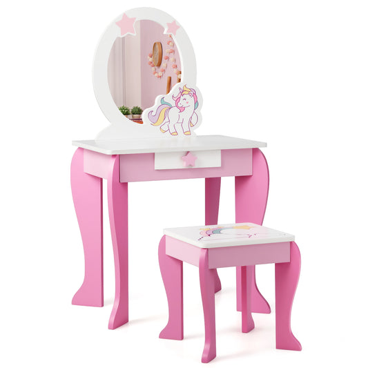 Infans Kids Vanity Makeup Dressing Table Chair Set Wooden with Mirror Drawer