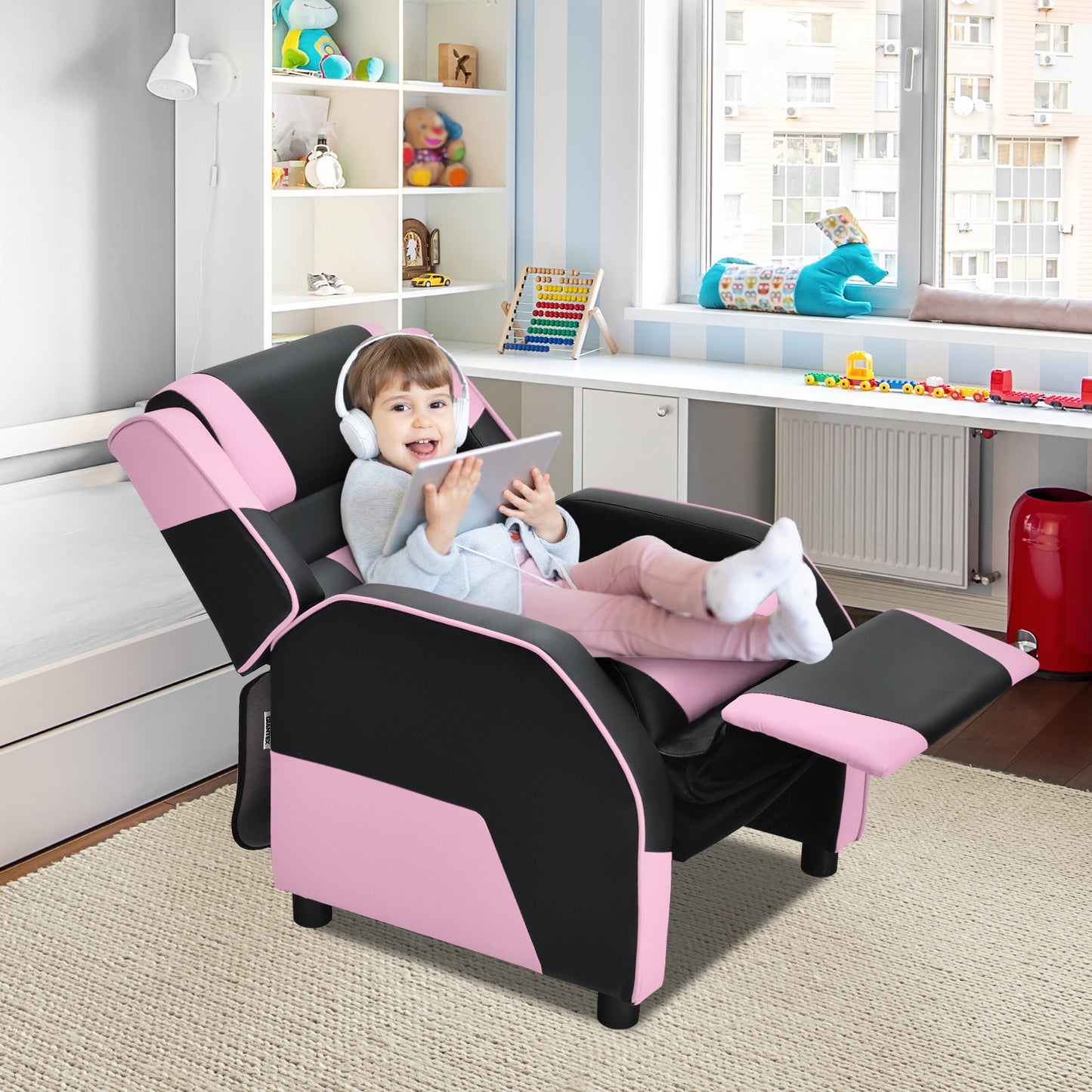 Infans Kids Youth Gaming Sofa Recliner w/ Headrest & Footrest PU Leather Pink