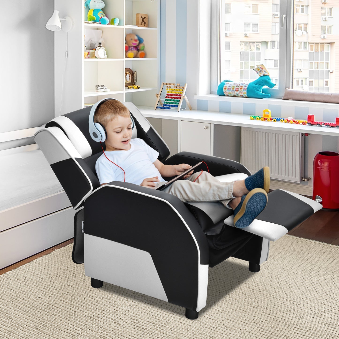 Infans Kids Youth Gaming Sofa Recliner w/Headrest & Footrest PU Leather White