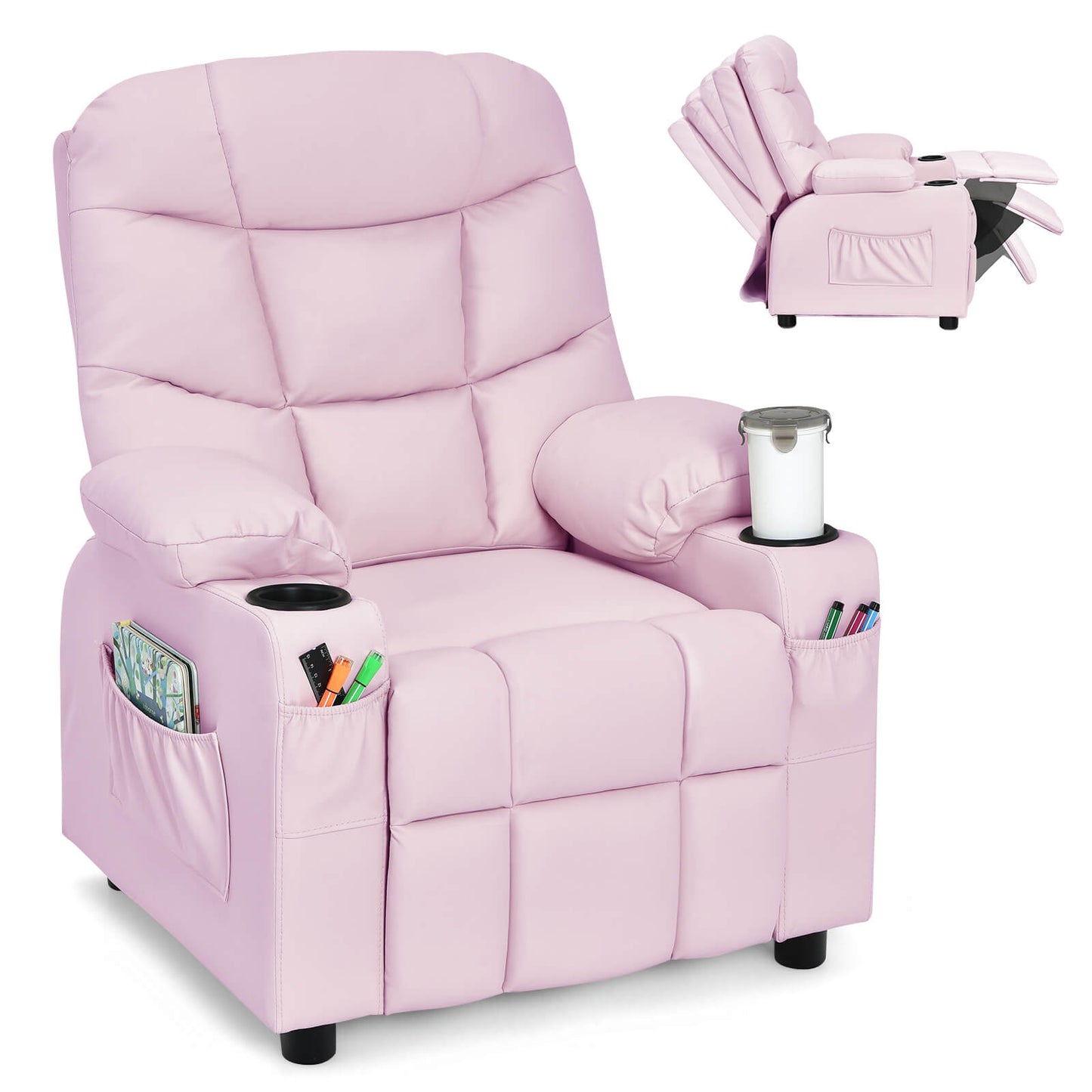 Infans Kids Youth Recliner Chair PU Leather w/Cup Holders & Side Pockets Pink
