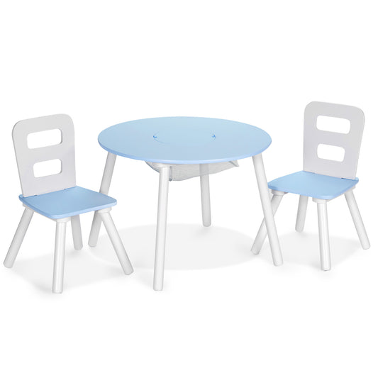 Infans Kids Wooden Round Table & 2 Chair Set w/ Center Mesh Storage Blue