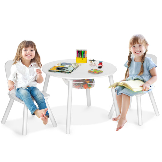 Infans Kids Wooden Round Table & 2 Chair Set w/ Center Mesh Storage White