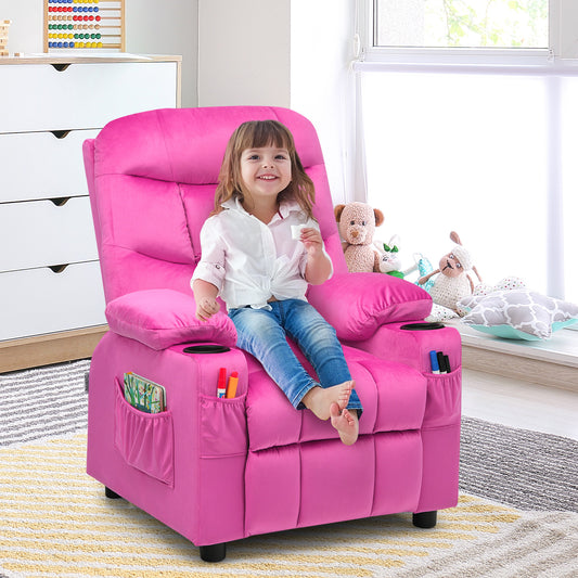 Infans Kids Youth Recliner Chair Velvet Fabric w/Cup Holder & Side Pocket Pink