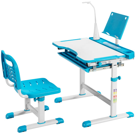 Infans Height Adjustable Kids Study Table and Chair Set w/Bookstand&Light Blue