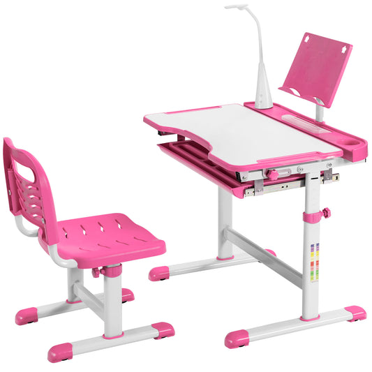 Infans Height Adjustable Kids Study Table and Chair Set w/Bookstand&Light Pink