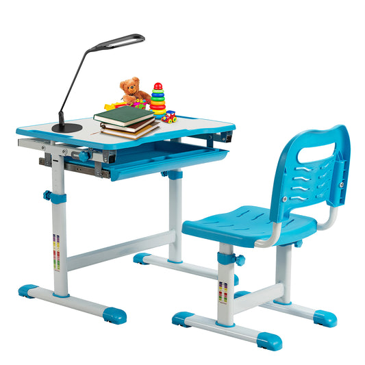 Infans Kids Desk and Chair Set Height Adjustable w/Tilted Tabletop&Drawer Blue