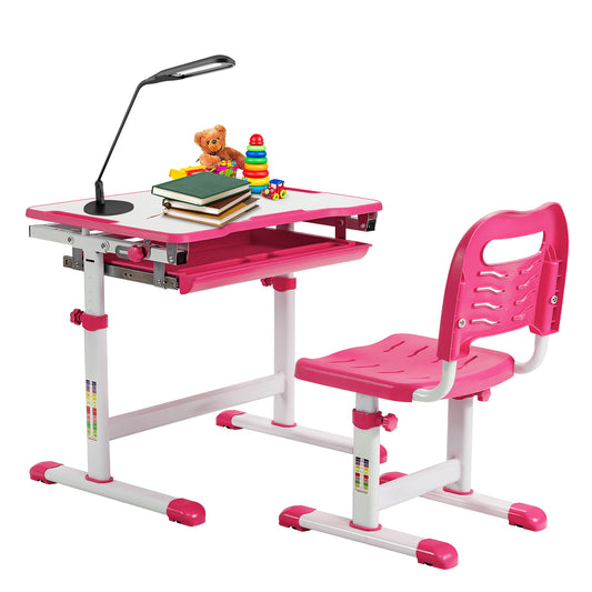 Infans Kids Desk and Chair Set Height Adjustable w/Tilted Tabletop&Drawer Pink