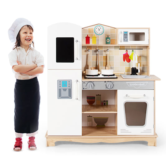 Infans Wooden Kids Pretend Kitchen Playset Cooking Play Toy w/ Utensils & Sound