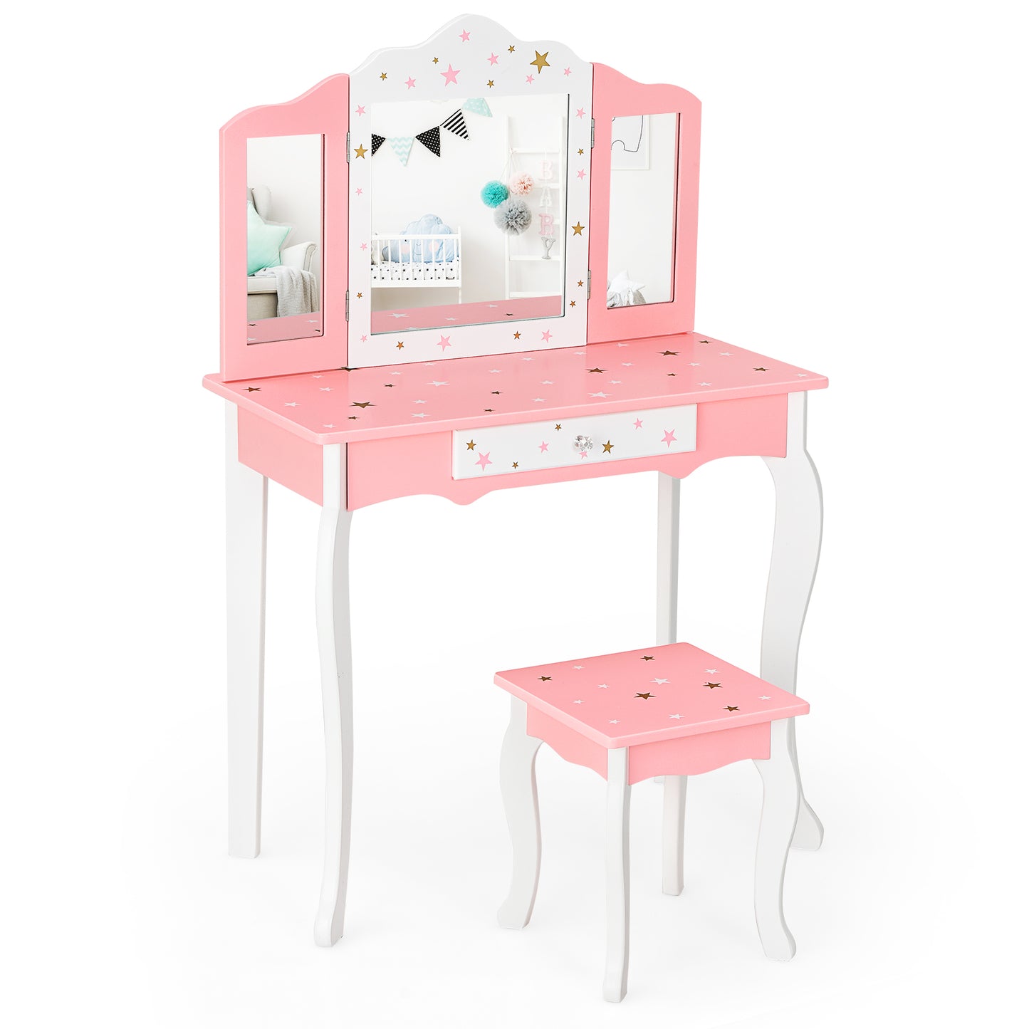 Infans Kids Vanity Princess Makeup Dressing Table Chair Set W/ Tri-folding Mirror Pink