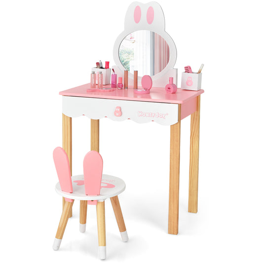 Infans Kids Vanity Set Rabbit Makeup Dressing Table Chair Set W/ Mirror Drawer Pink