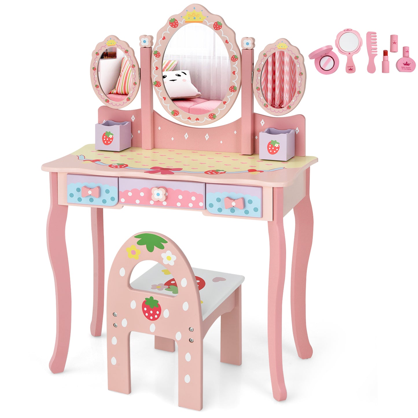 Infans Kids Vanity Princess Makeup Dressing Table Chair Set w/ Tri-fold Mirror Pink