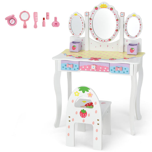 Infans Kids Vanity Princess Makeup Dressing Table Chair Set w/ Tri-fold Mirror White