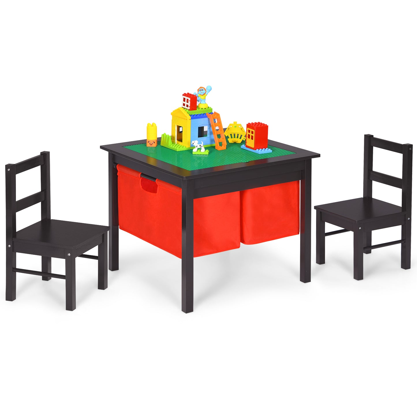 Infans 2-in-1 Kids Activity Table and 2 Chairs Set with Storage Building Block TableEspresso