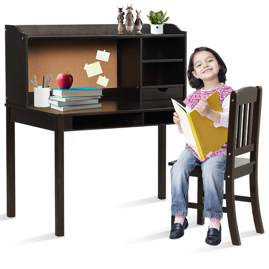 Infans Kids Desk & Chair Set Study Writing Desk w/ Hutch & Bookshelves Brown