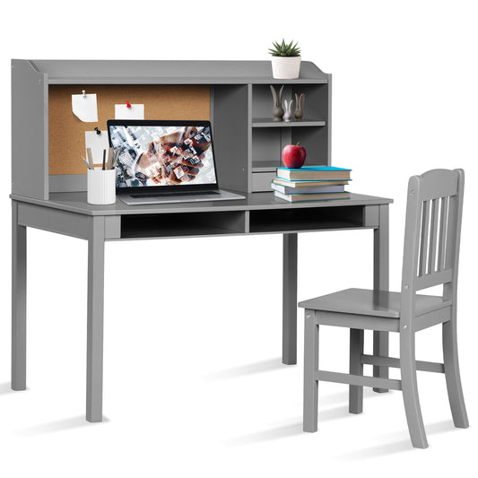 Infans Kids Desk & Chair Set Study Writing Desk w/ Hutch & Bookshelves Grey