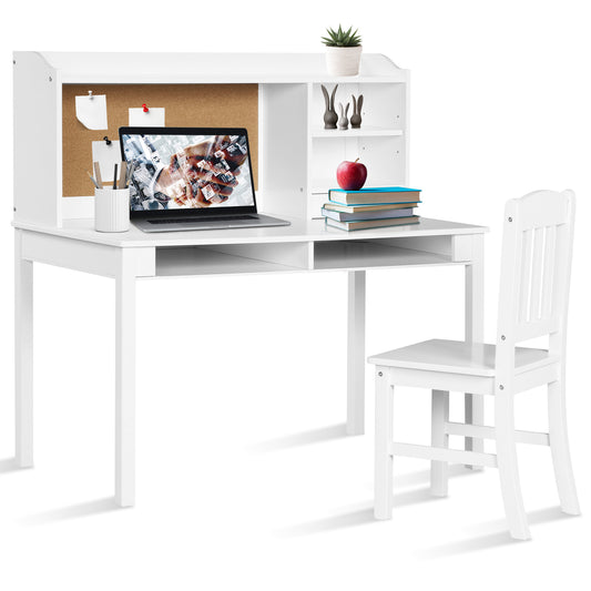 Infans Kids Desk & Chair Set Study Writing Desk w/ Hutch & Bookshelves White