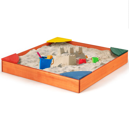Infans Kids Wooden Backyard Sandbox W/ Built-in Corner Seating Kid's Outdoor Furniture