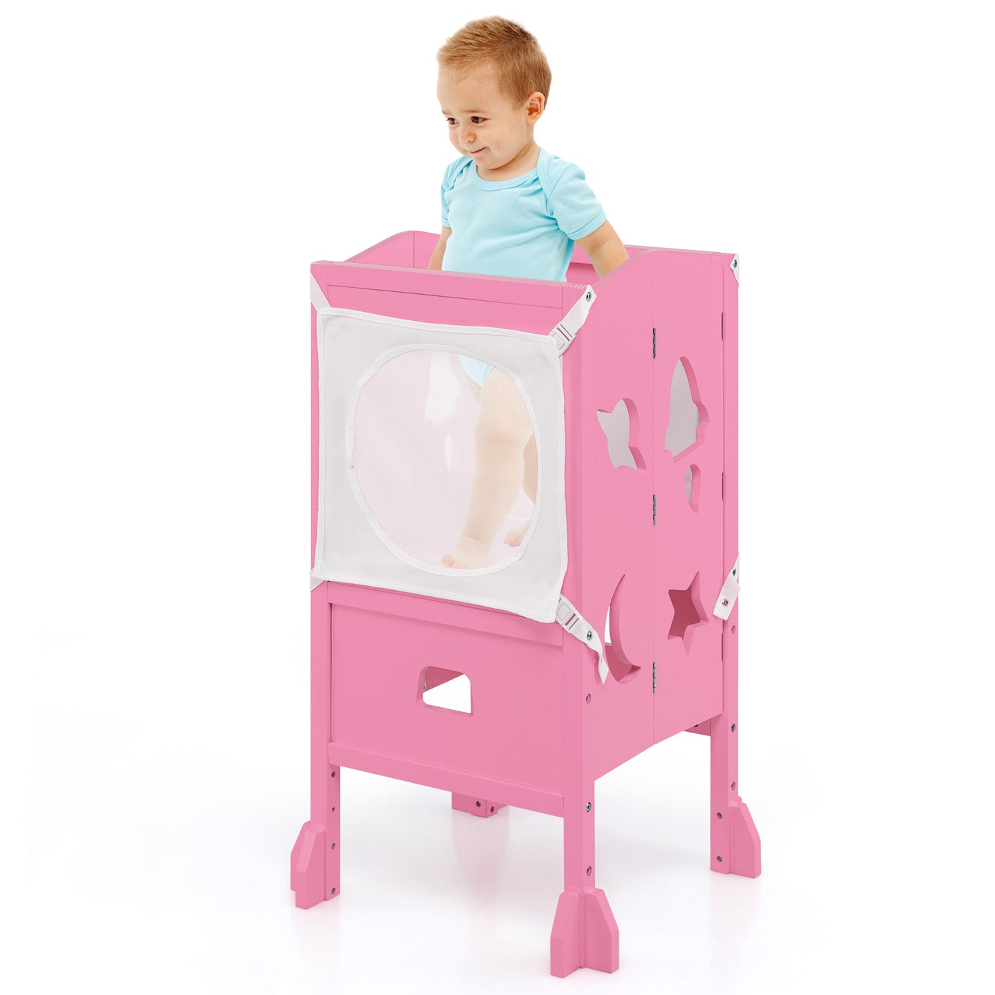 Infans Folding Wooden Kids Kitchen Step Stool with Adjustable Height & Safety Netting